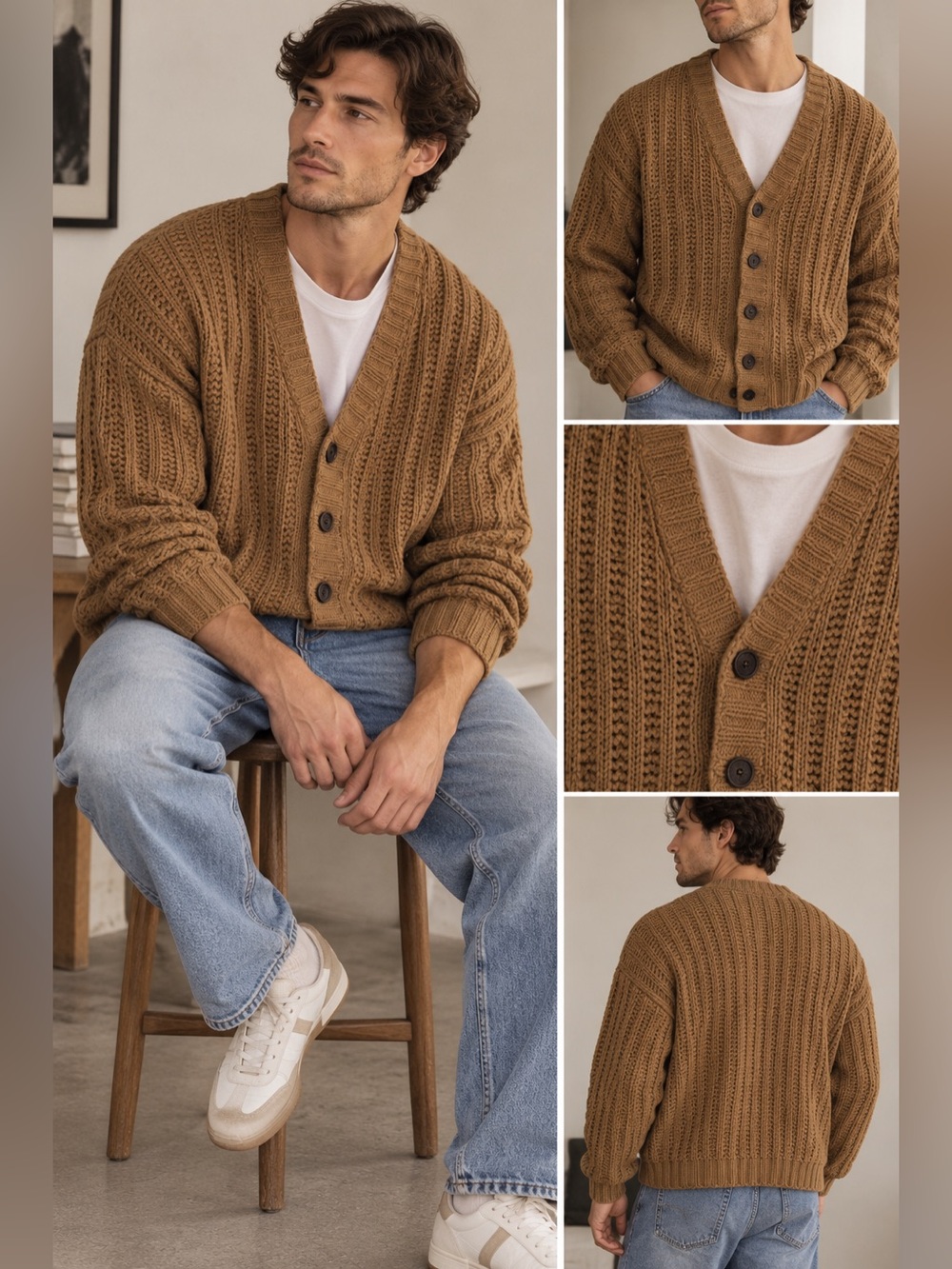 Express Men's Camel Cropped Boxy Cardigan Open Knit Sz L - Picture 1 of 5